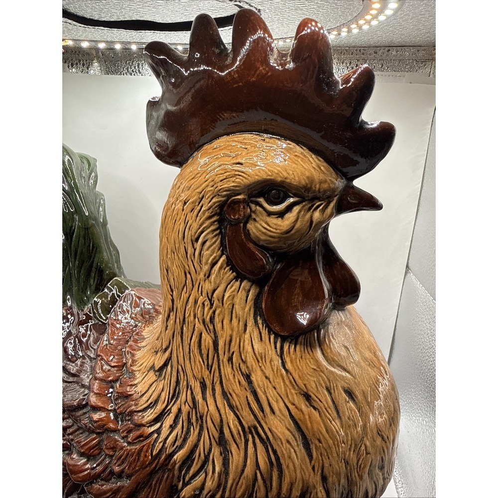 Vintage XLarge Rustic Colorful Porcelain Rooster Hand-painted Figurine 15" T - Picture 4 of 16